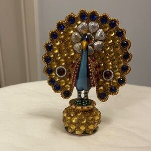 Jeweled Gold and Blue Peacock Figurine Decorative Accent